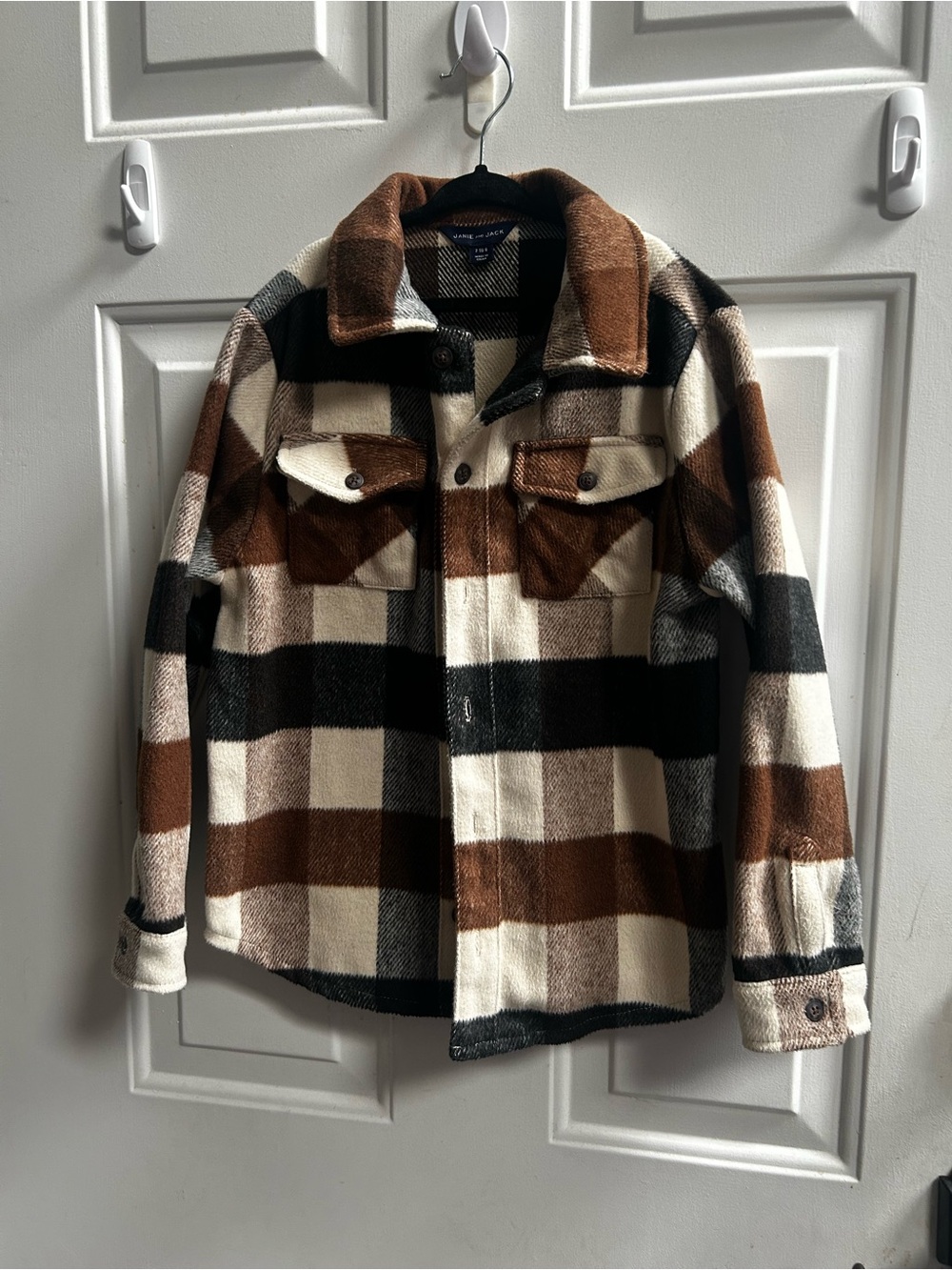 Janie and Jack Brown & Cream Plaid Button-Front Shacket Sz 7/8 - Picture 2 of 13